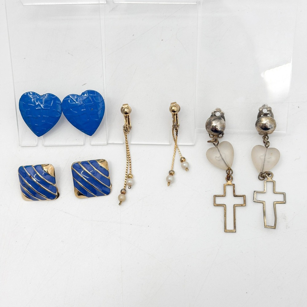 Vintage Clip On Earrings Lot 4 Pairs Blue Hearts Enamel Squares Cross Dangles